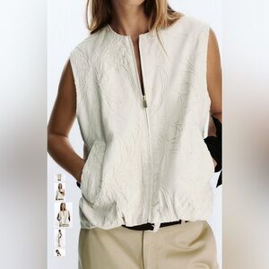Zara Cotton Embroidered Pleated Hem Zip-Up Vest Cream Medium New